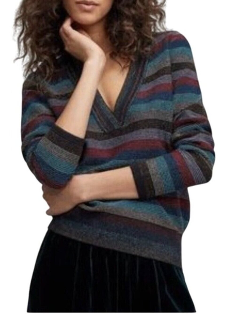 Moth Anthropologie Small Mulah Lurex Stripe Colorful V Neck Sweater